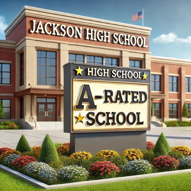 illustration of a high school with A rating