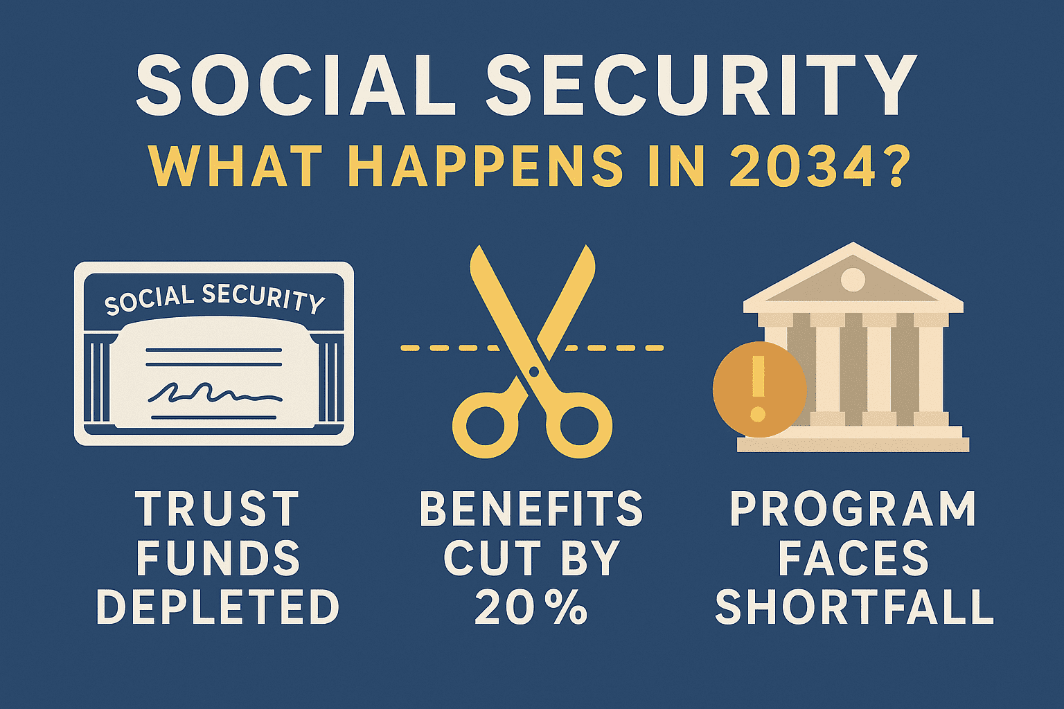 Infographic titled “Social Security: What Happens in 2034?” with a timeline design. It shows that in 2025 benefits are fully paid but costs exceed income for the first time since 1982. By 2034, trust funds are projected to be depleted, leaving only about 79% of benefits payable. It lists potential congressional actions such as raising payroll taxes by 2.78%, lifting or removing the tax cap, adjusting the retirement age, and modifying COLAs. The infographic notes that current retirees are unlikely to see cuts, while younger generations may face higher taxes or later retirement ages.