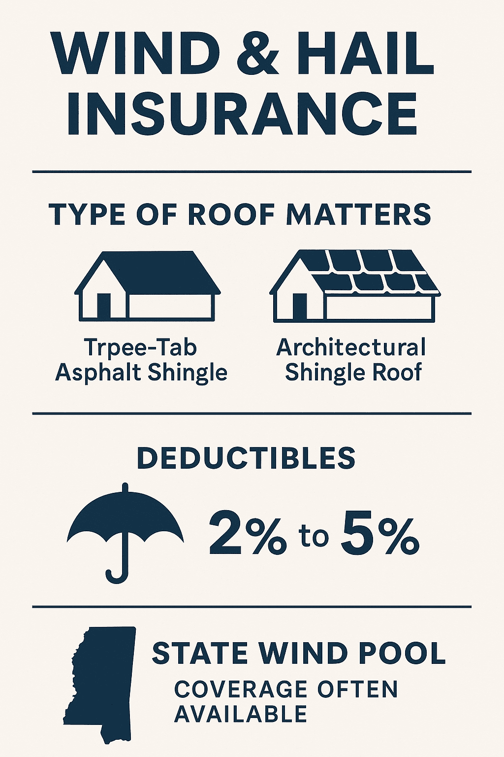 Infographic titled “Wind & Hail Insurance” with a blue-and-white layout. Sections highlight how roof type and age affect premiums, typical deductible ranges of 2%–10% of coverage, and the role of state wind pools such as the Mississippi Windstorm Underwriting Association (MWUA) when private carriers won’t write policies.