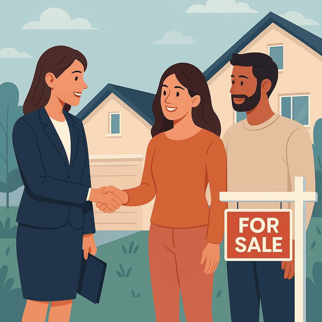 Illustration of a professional female real estate agent shaking hands with a couple, a woman and a man, standing in front of a modern house.