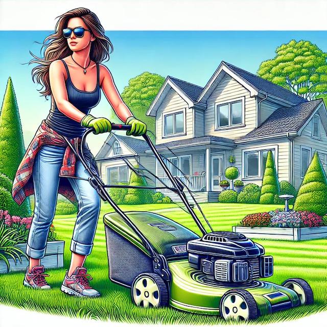 Young woman mowing lawn