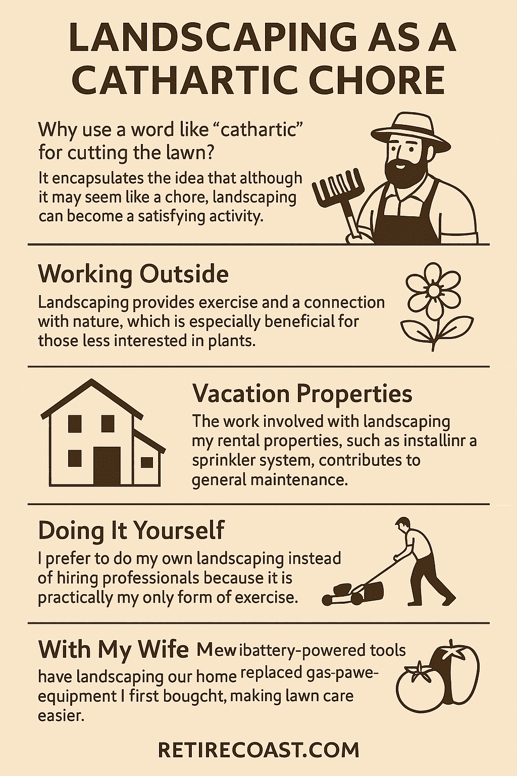 Infographic titled “Landscaping as a Cathartic Chore,” highlighting benefits of landscaping in retirement. Sections include working outside for exercise, maintaining vacation rental properties with sprinkler systems, doing landscaping yourself as exercise, and gardening with a spouse using modern battery-powered tools. Features simple illustrations of a gardener, flower, house, mower, and vegetables with the footer retirecoast.com.