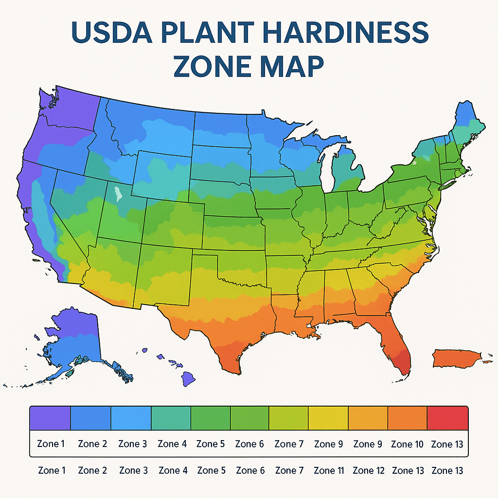 USDA Plant Hardiness Zone Map of the United States showing Zones 1 through 13. The map uses a gradient from purple and blue for the coldest zones in the north to yellow, orange, and red for warmer zones in the south, including Alaska, Hawaii, and Puerto Rico. A legend at the bottom identifies each zone by color.