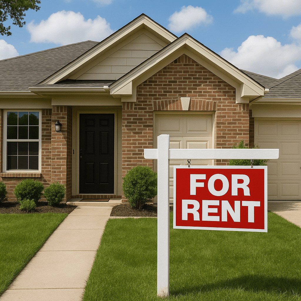 Single-story brick suburban home with a bright red “For Rent” sign posted on a white frame in the front yard, surrounded by a green lawn and a clear blue sky.