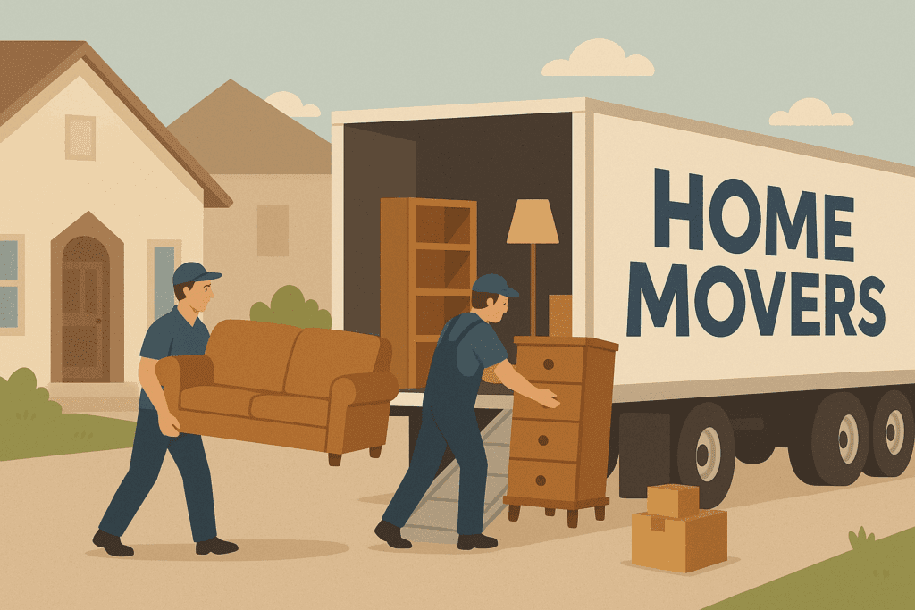 Illustration of two movers loading furniture into a large white moving truck labeled “Home Movers.” One man carries a brown sofa while the other pushes a wooden dresser up a ramp. The scene shows a suburban house, driveway, and clear sky in the background.