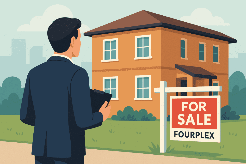 Real estate investor analyzing a fourplex with a ‘For Sale’ sign, symbolizing buying rental property as an investment with a 401k or IRA