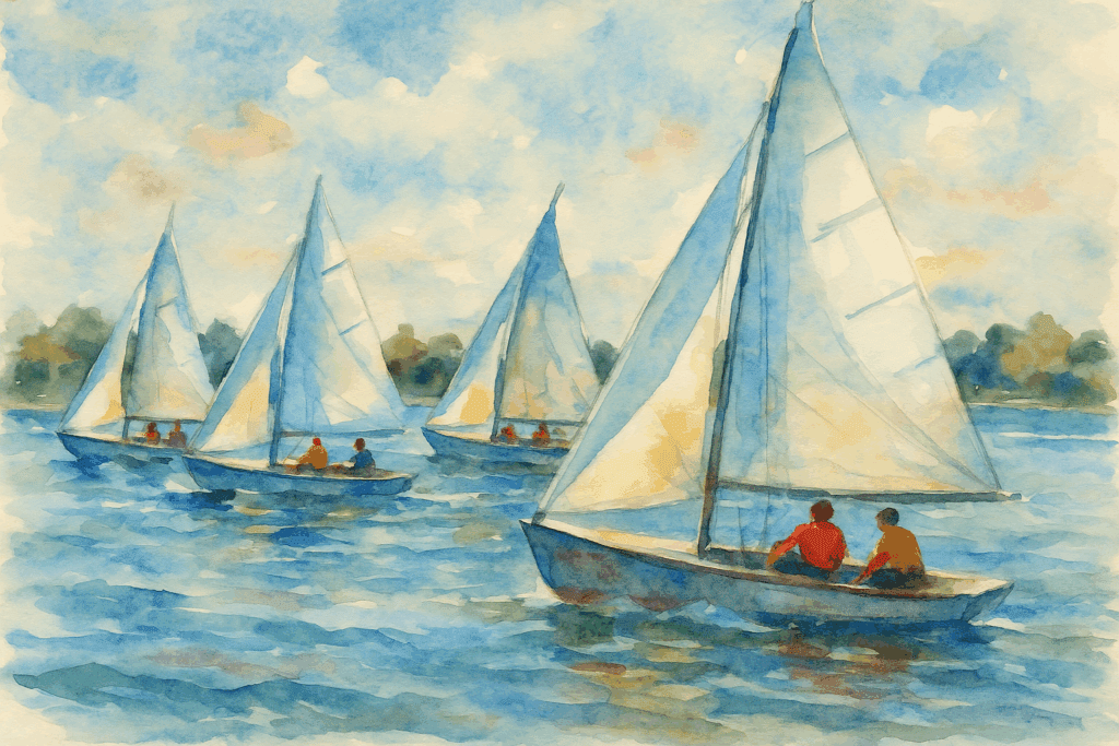 Watercolor painting of a small sailboat regatta with several colorful boats racing on the Mississippi Gulf Coast.