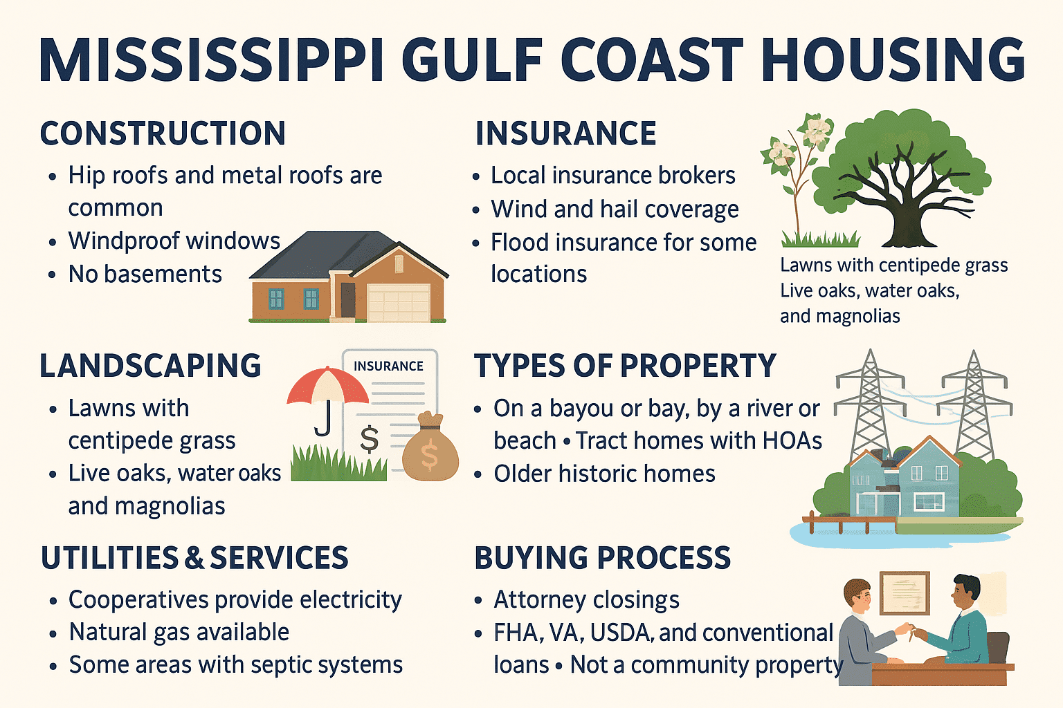 Infographic titled “Mississippi Gulf Coast Housing — Read Before You Buy,” showing four sections: housing differences (hip vs gable vs metal roofs, centipede grass lawns, picket fences, no basements), affordability (Biloxi bayfront $500k vs Orange County $2M+, property taxes 0.7–1.0%), coastal lifestyle (waterfront homes, boating access, barnacle warning with boat lifts, azaleas and magnolias), and buying tips (wind and flood insurance, tax exemptions, elevation checks, attorney closings). Flat, modern icons illustrate homes, roofs, boats, insurance shield, and attorney symbol.