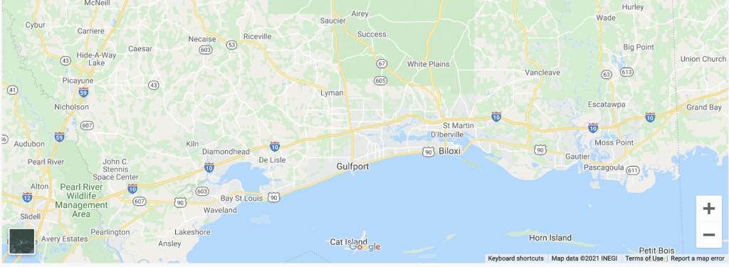 Google map of Mississippi Gulf Coast pointing out Waveland and Gulfport