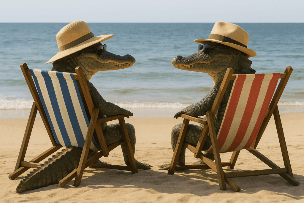 Alligators sitting the beach enjoying the health benefits of the Mississippi Gulf Coast