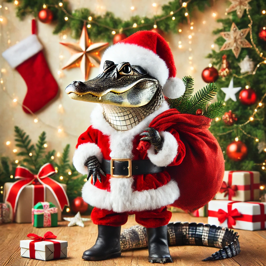 An alligator dressed as Santa Claus, .