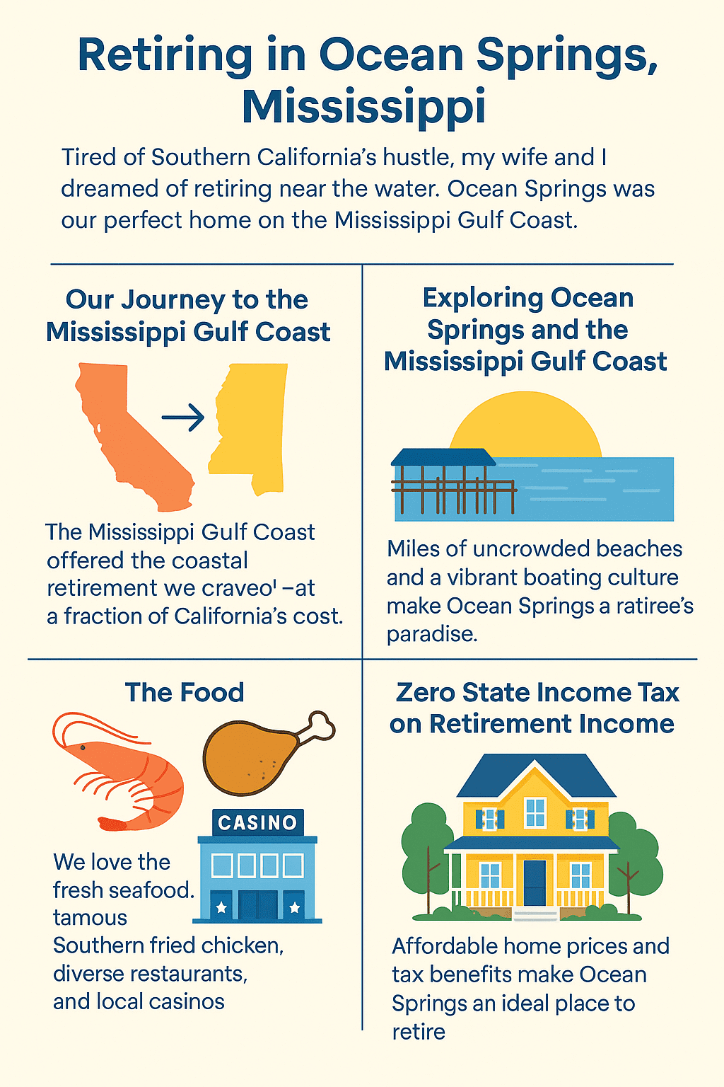 Infographic titled ‘Retiring in Ocean Springs, Mississippi.’ Highlights the couple’s move from California to Mississippi’s Gulf Coast for an affordable retirement. Top left shows a California-to-Mississippi map with text about lower costs. Top right shows a pier and sun with text about uncrowded beaches and boating culture. Bottom left has shrimp, fried chicken, and casino icons with text about seafood, Southern food, and entertainment. Bottom right shows a house with trees and text about affordable homes and zero state tax on retirement income. Coastal theme with blue, tan, and coral colors.