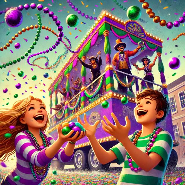 children catching beads at mardi gras parade with float in background