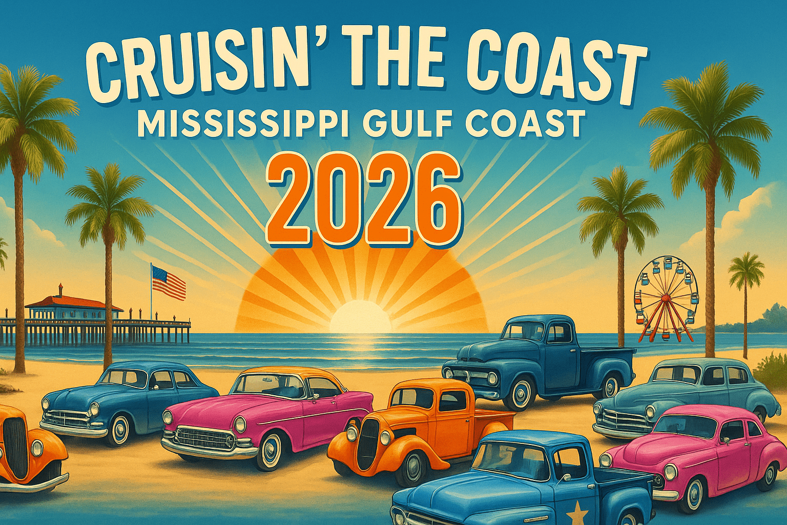 Retro-style illustration promoting Cruisin’ the Coast 2026 on the Mississippi Gulf Coast, featuring classic vintage cars parked along a sunny beach with palm trees, a pier, Ferris wheel, and sunset in the background, with the event date October 4 displayed prominently.