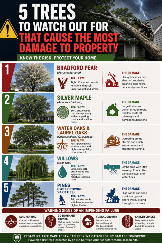 Infographic showing the five tree species most likely to cause severe property damage during storms, including Bradford Pear, Silver Maple, Water Oaks and Laurel Oaks, Willows, and fast-growing Pines. The graphic explains each tree’s structural weakness, the type of damage it commonly causes to homes, and warning signs of impending tree failure such as soil heaving, fungal growth, co-dominant trunks, and trunk cracks.