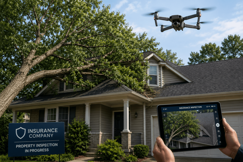 Drone flying above a suburban home with a large overhanging tree touching the roof while an insurance company performs an aerial property inspection. A tablet screen displays the drone’s live camera view of the roof and tree canopy.