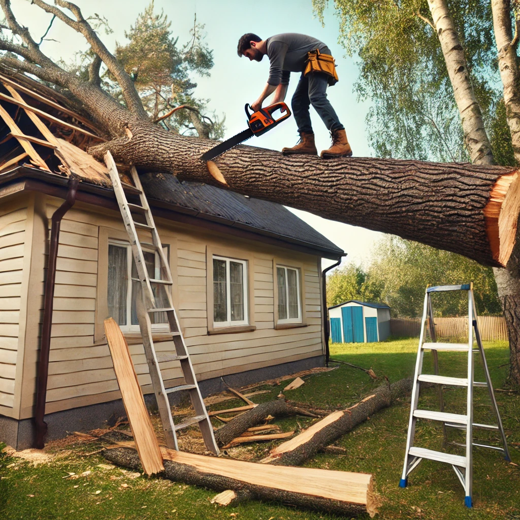 A person using a saw to cut a large tree branch that has fallen on top of a house. 
