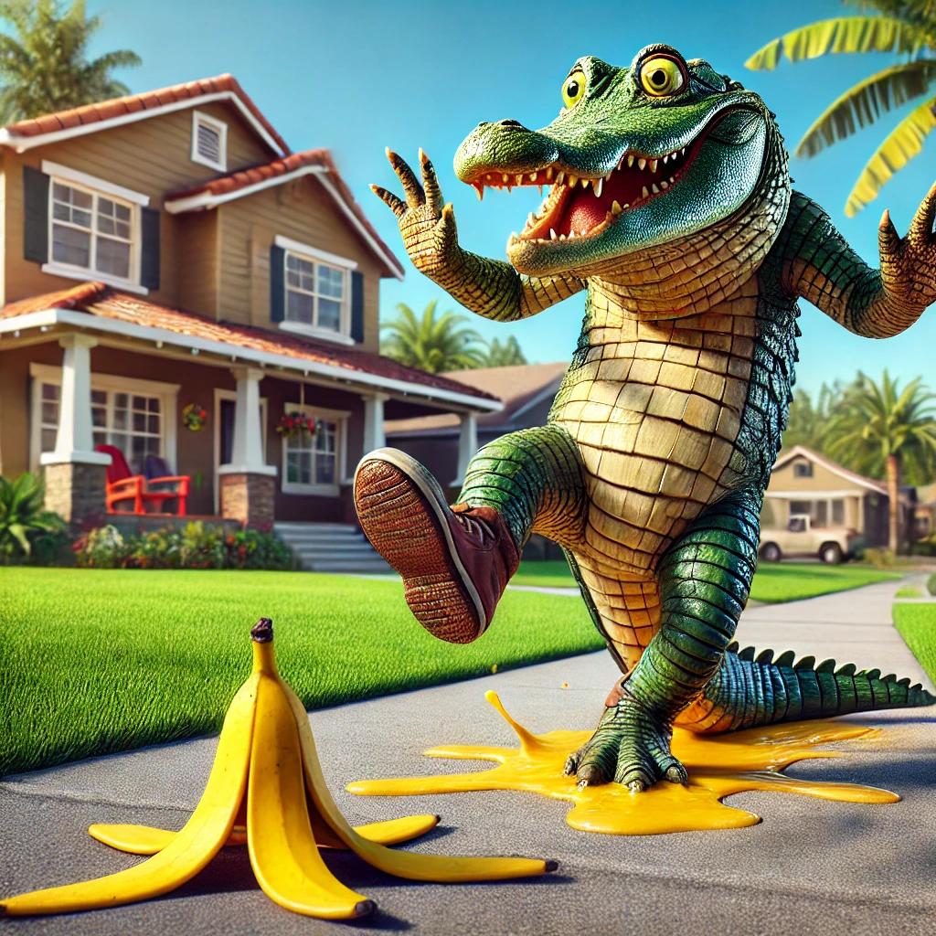 alligator slipping on a banana peal on a sidewalk in front of a house