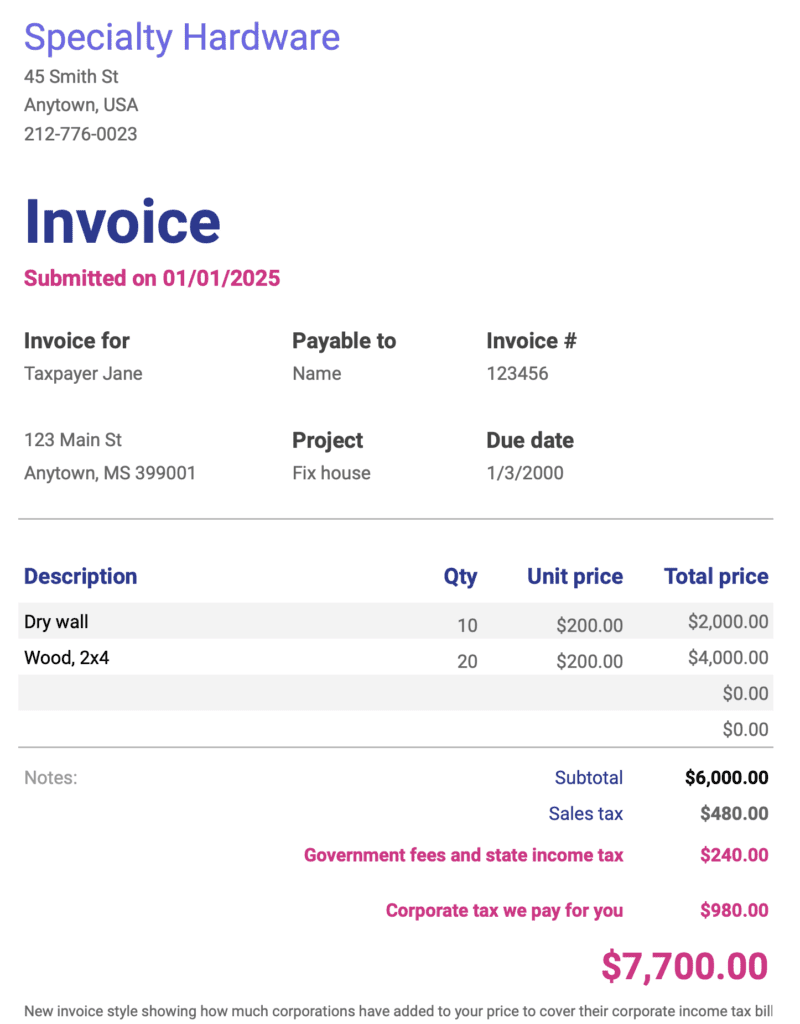 invoice showing corporate tax