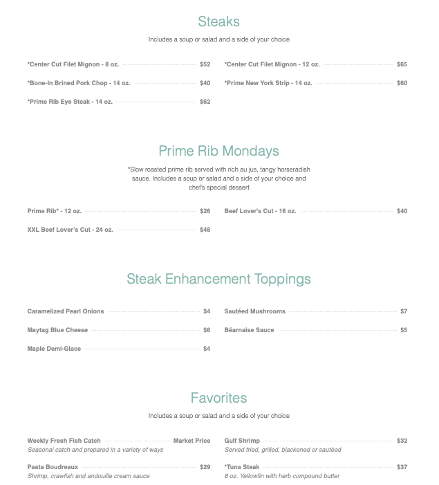 restaurant menu showing choices