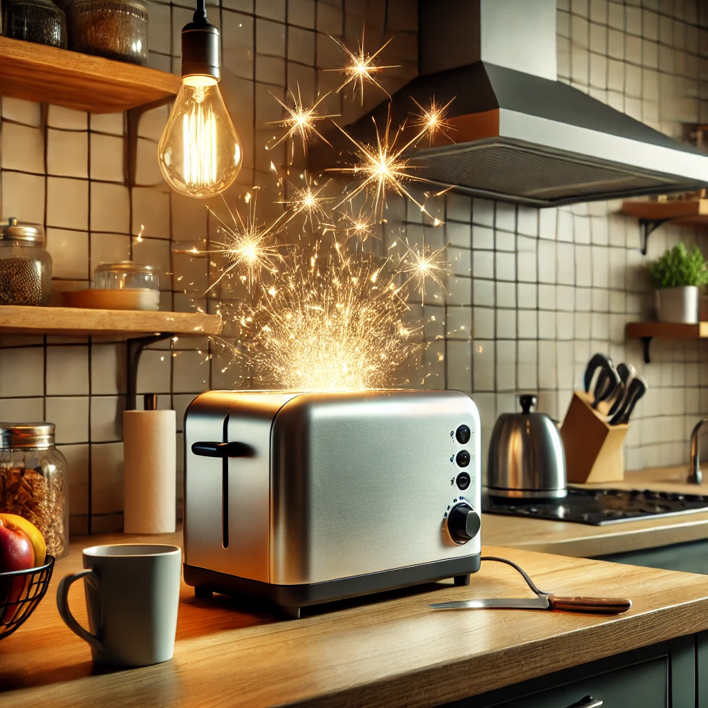A scene in a modern kitchen with a toaster sitting on a kitchen counter, sending out sparks from the top. 
