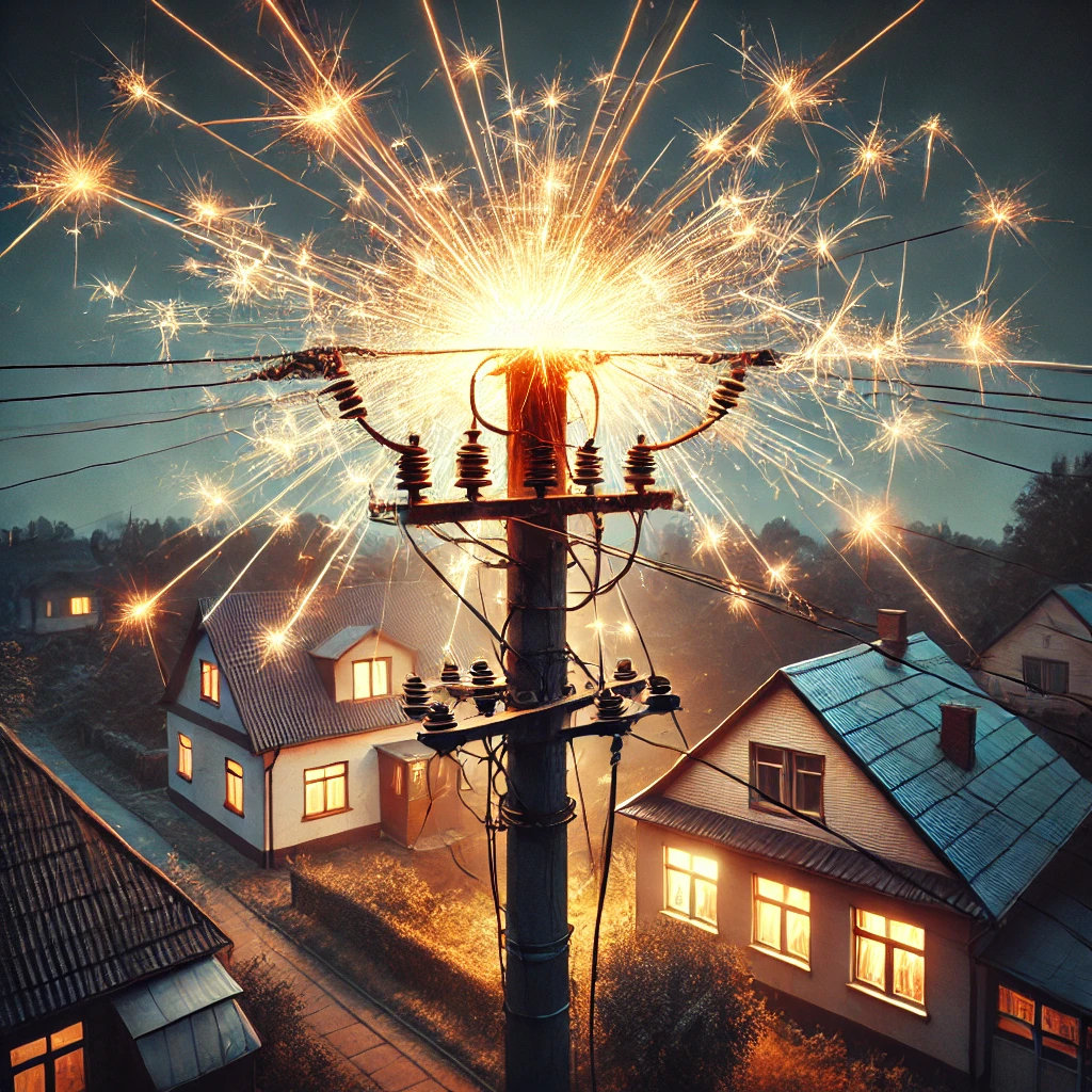 An electric power pole sparking at the top with bright, crackling sparks coming from the wires. The pole has multiple electrical wires extending 