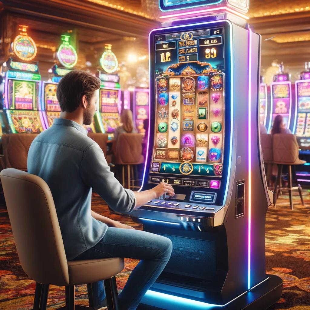 person playing a video slot machine in a casino