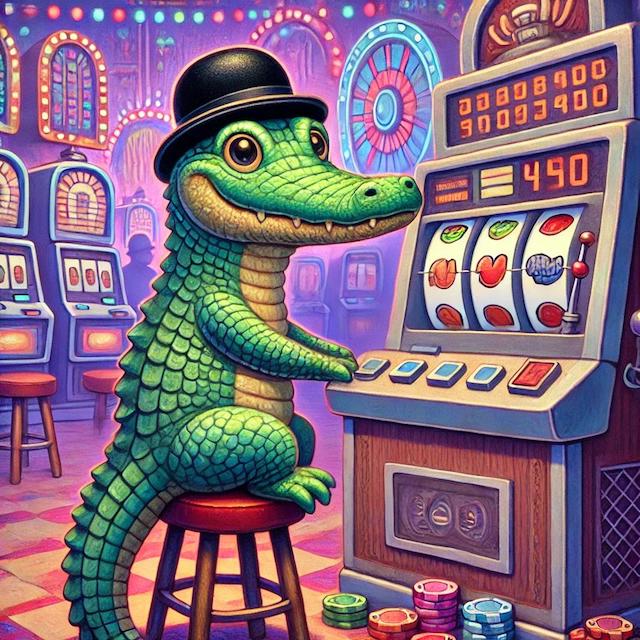 Alligator playing slot machine in a casino