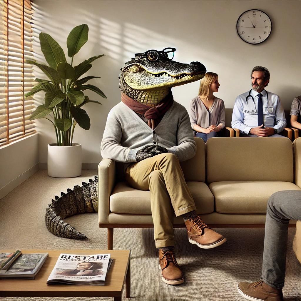 alligator sitting in a doctors office wearing glasses waiting to see the optometrist