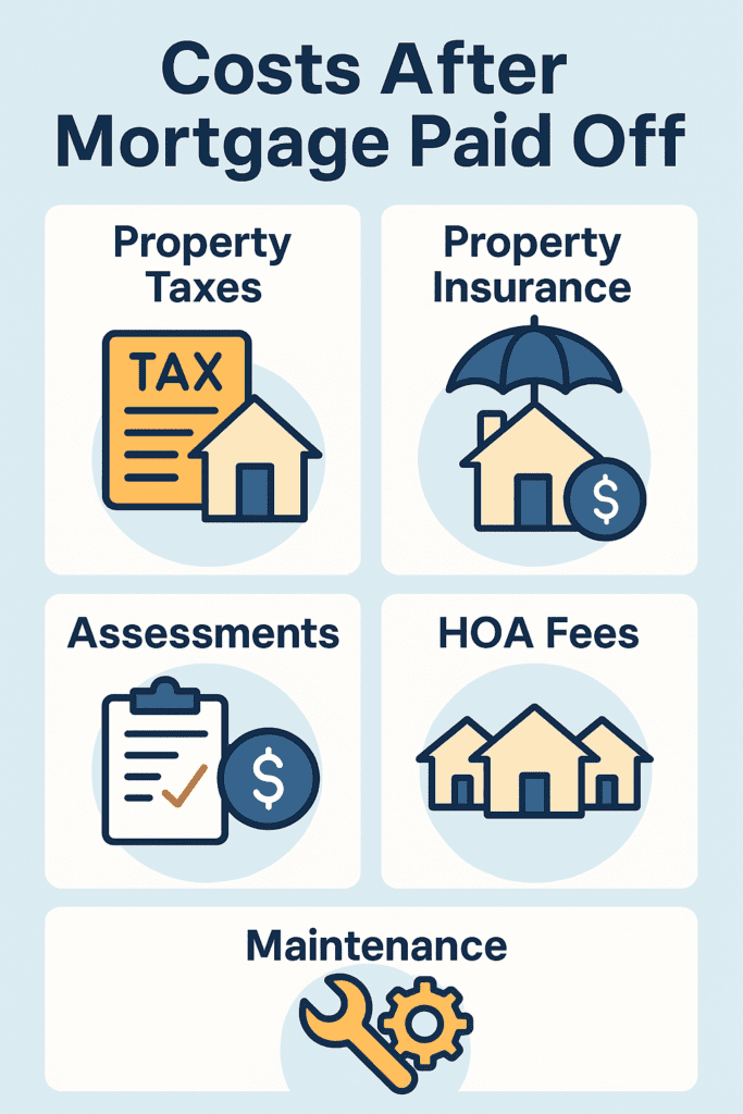 Infographic showing ongoing homeownership costs after a mortgage is paid off, including property taxes, property insurance, special assessments, HOA fees, and home maintenance