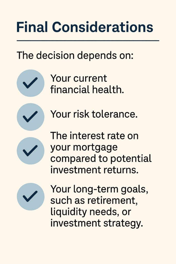 Infographic outlining final considerations when deciding whether to pay off a mortgage, including financial health, risk tolerance, mortgage interest rate versus investment returns, and long-term goals such as retirement and liquidity.
