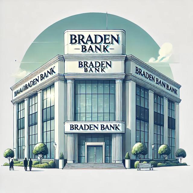 graphic of a bank named Braden Bank for borrowing to start a business
