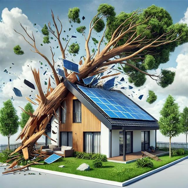house with tree falling on roof breaking solar panels