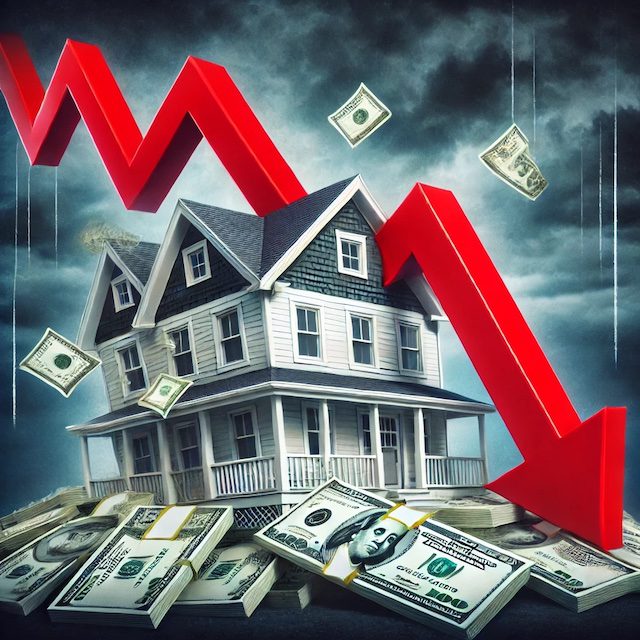 house with down market arrow and dollars representing housing crash of 2009