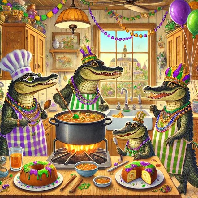 alligators cooking mardi gras meal in kitchen with st louis cathedral in background