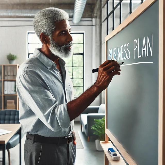 retired person at a chalk board listing items needed for the business plan