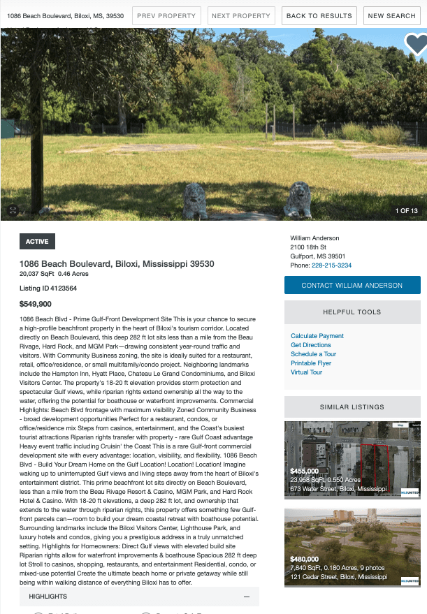 Prime Gulf-front vacant lot at 1086 Beach Boulevard in Biloxi, Mississippi, located across from the beach near the Biloxi Visitors Center, Beau Rivage, and Hard Rock casinos. Deep 282-foot lot with Community Business zoning, elevated 18–20 feet for storm protection, riparian rights extending to the Gulf, and ideal for a restaurant, retail, residential, or mixed-use development. Surrounded by hotels, condos, and major attractions in Biloxi’s busiest tourism corridor.