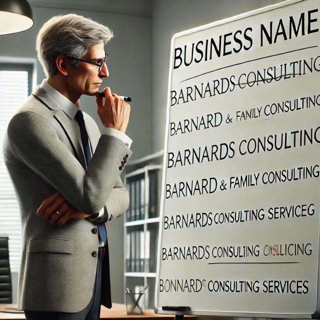 senior with white board trying variations of a name to find the right one for the new business