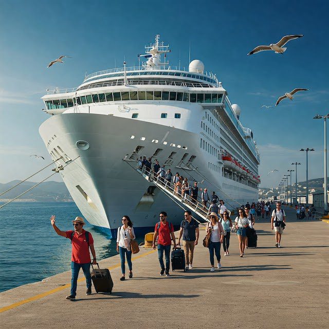 cruise ship with passengers getting off saving money on reducing vacation expenses