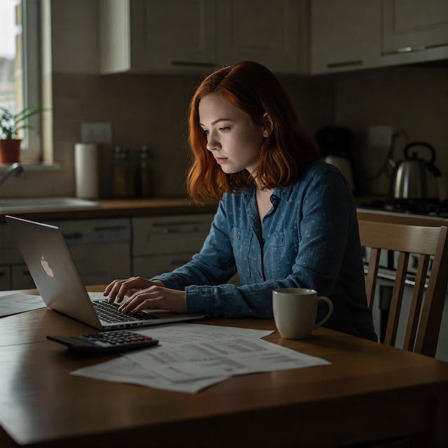 young woman organizing financial life at kitchen counter
