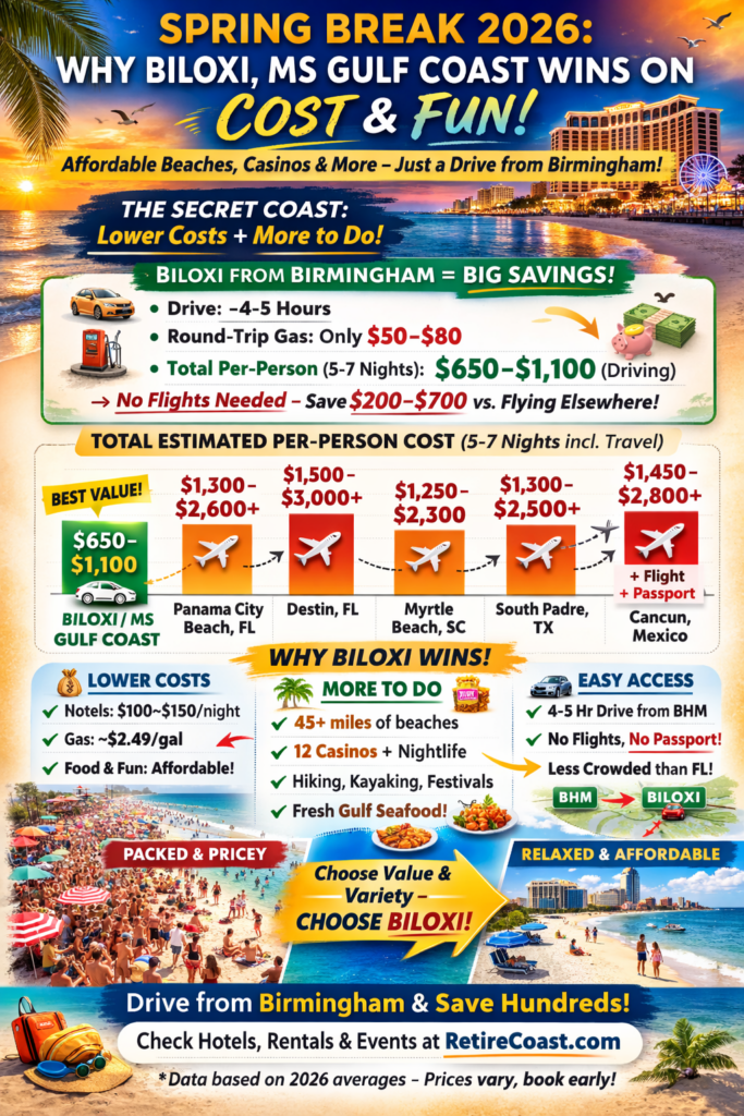 Infographic comparing Spring Break 2026 travel costs from Birmingham, showing Biloxi and the Mississippi Gulf Coast as the best value with lower driving costs, affordable hotels, casinos, beaches, and activities compared to flying to Florida, Texas, or Cancun.
