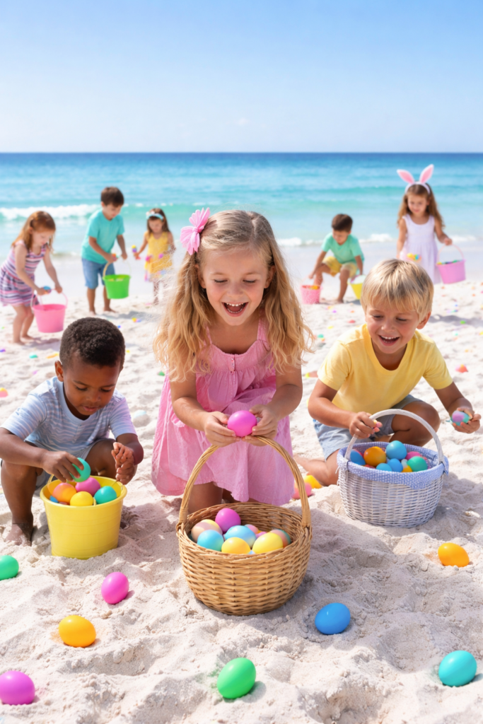 Children joyfully participate in an Easter egg hunt on a sandy beach with calm turquoise water in the background. A blonde girl in a pink dress smiles while placing a colorful egg in her basket, surrounded by other children with buckets and baskets collecting eggs under a clear blue sky. The beach is open, with no buildings or trees visible