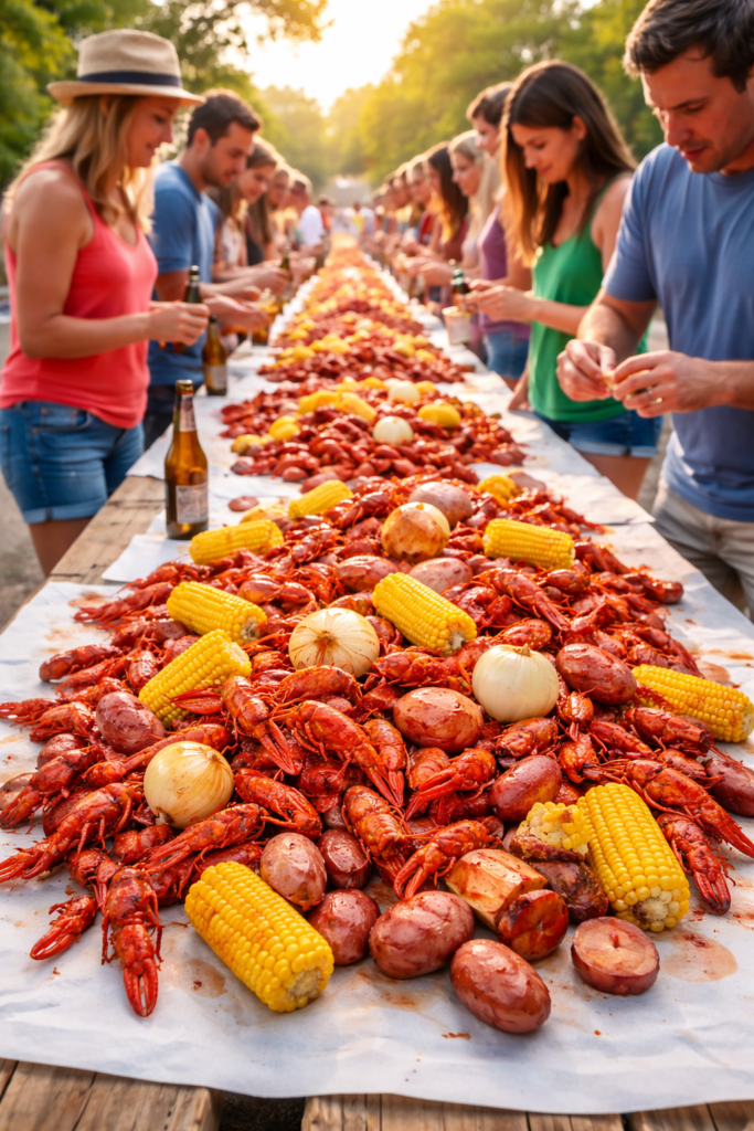 A festive outdoor crawfish boil with large trestle tables covered in heaps of bright red crawfish, golden corn on the cob, boiled potatoes, onions, and sausage. People gather around the tables standing and enjoying the feast in a lively, sunlit setting