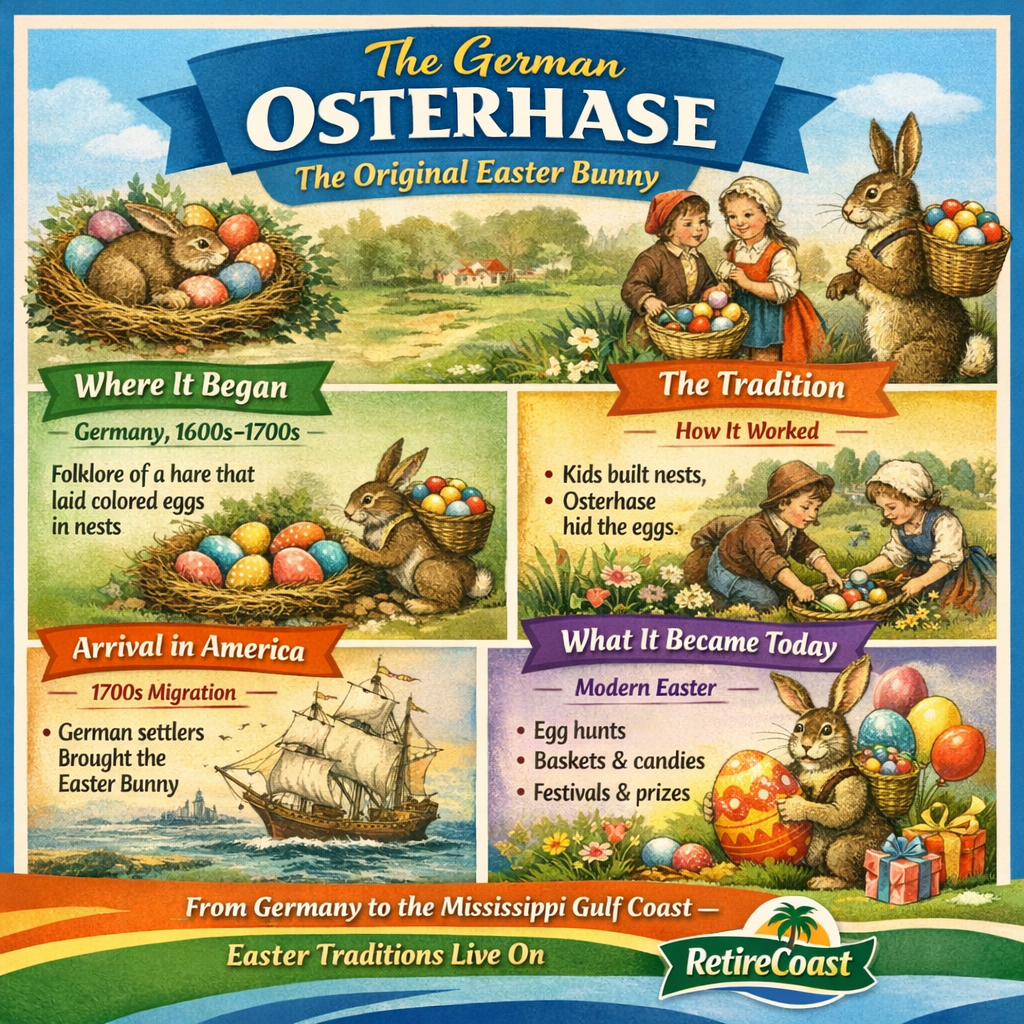 Infographic showing the German Osterhase Easter Bunny tradition, including its origins in 1600s Germany, how egg hunts began, and how the tradition evolved into modern Easter celebrations.
