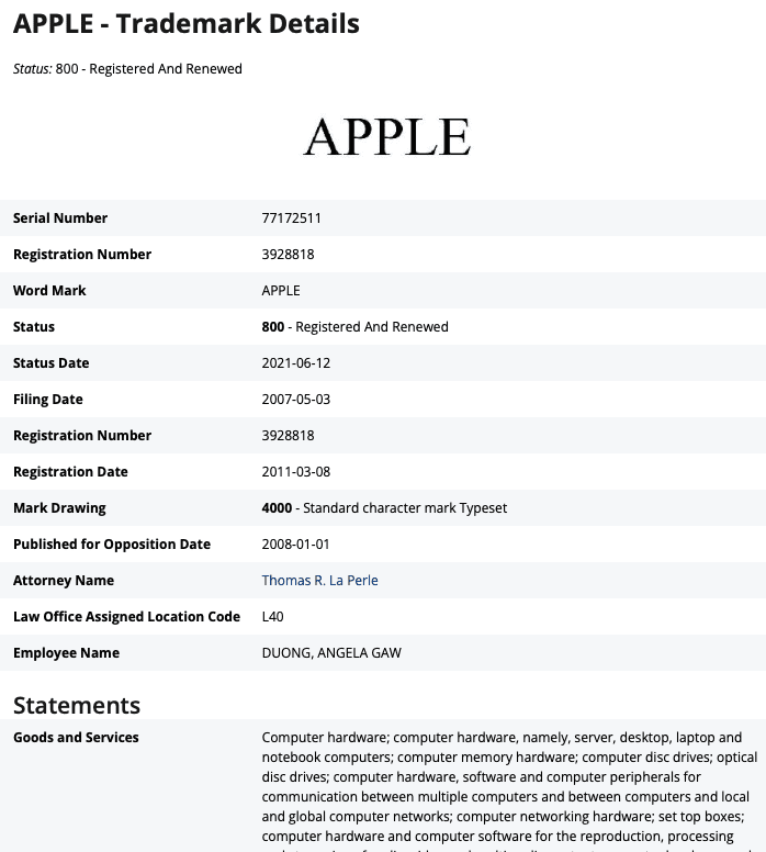Register my trademark, Apple's actual registration details