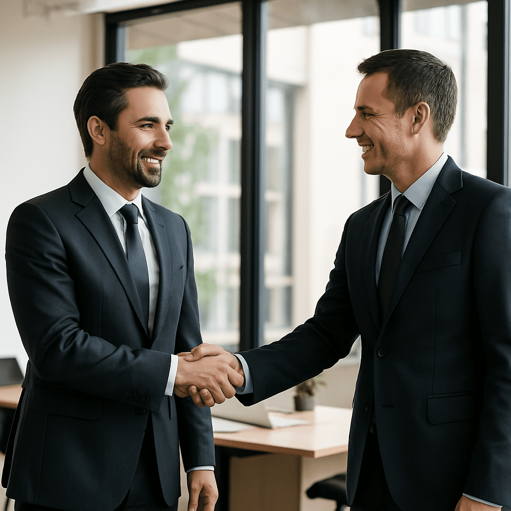 two men shaking hands as partners