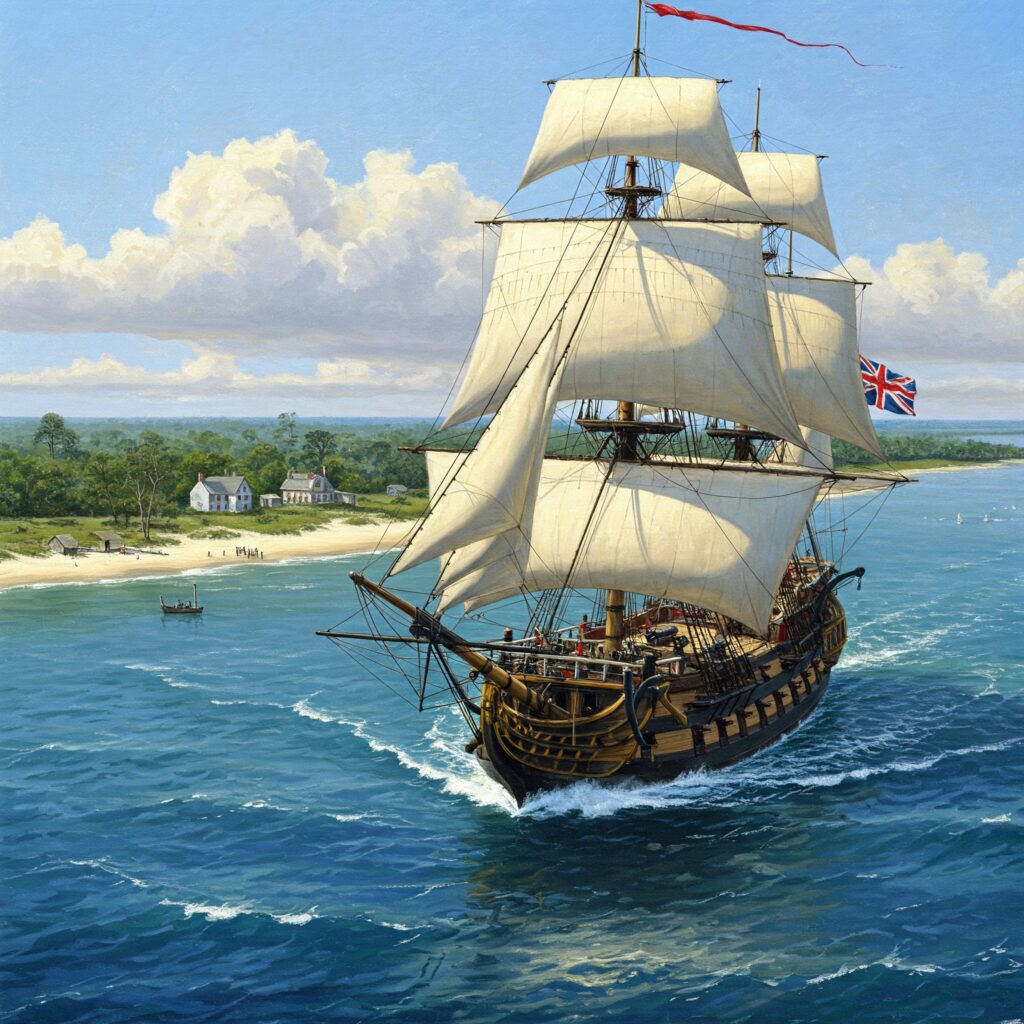 British man of war sailing by the Mississippi gulf coast 1776