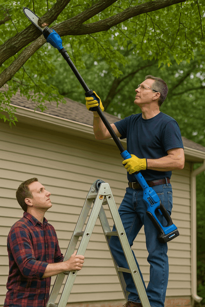 battery operated pole saw and helper holding ladder for homeowner trimming tree