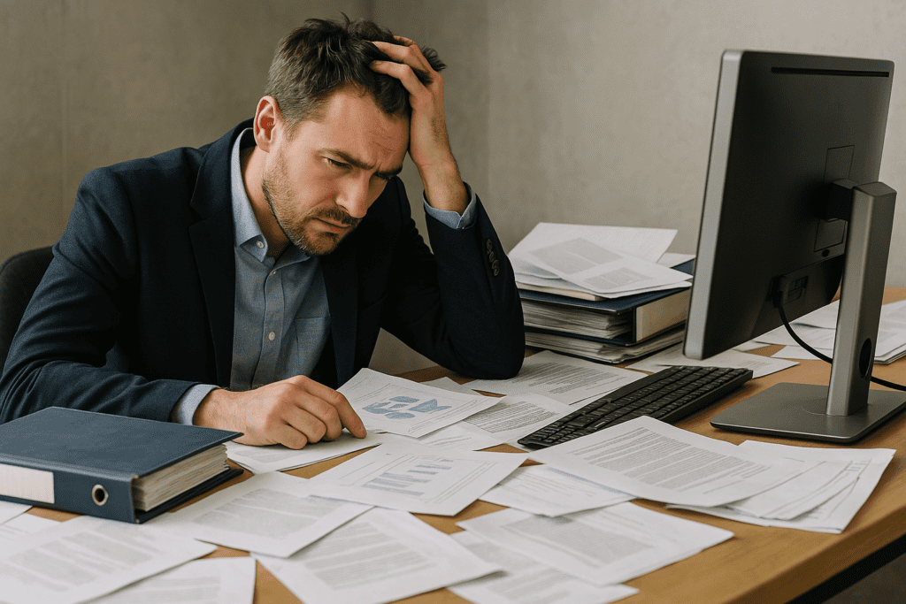 investor sitting at a desk frustrated with hand analysis of property