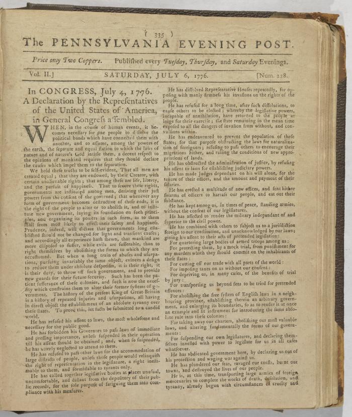 First publication of the Declaration of Independence